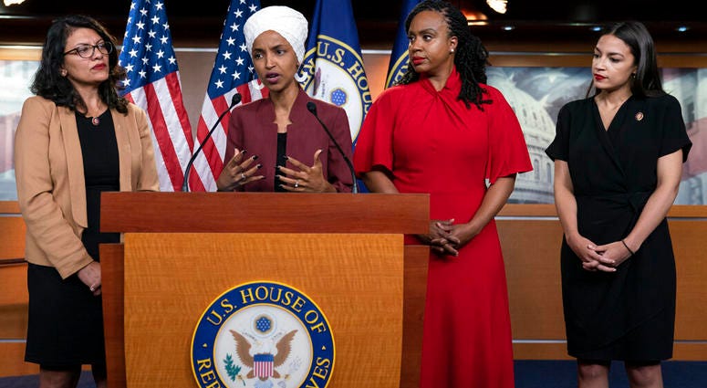 Rep. Ilhan Omar, D-Minn., responds to base remarks by President Donald Trump after he called for four Democratic congresswomen of color to go back to their "broken" countries. (AP Photo/J. Scott Applewhite)