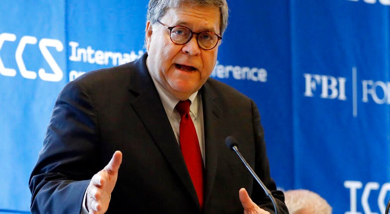 FILE - In this July 23, 2019 file photo U.S. Attorney General William Barr addresses the International Conference on Cyber Security at Fordham University in New York. Immigrants who fear persecution because of their family ties will no longer be eligible