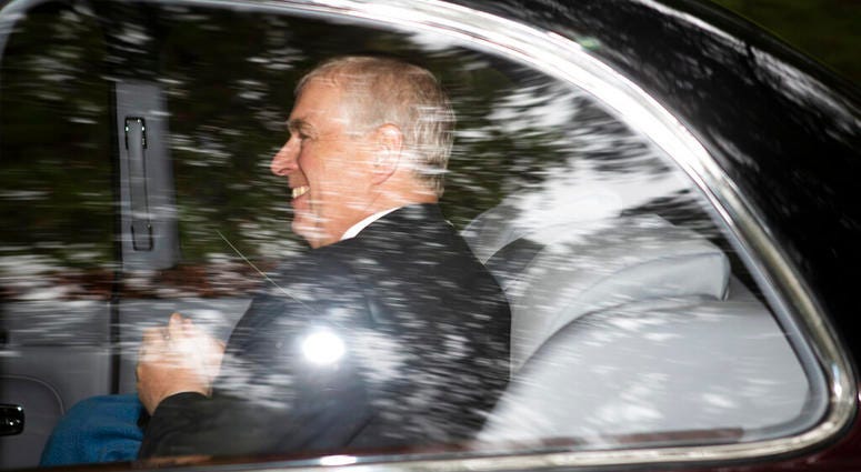Britain's Prince Andrew, the Duke of York leaves Crathie Kirk, after a Sunday morning church service, in Crathie, Scotland, Sunday, Aug. 11, 2019. (Jane Barlow/PA via AP)