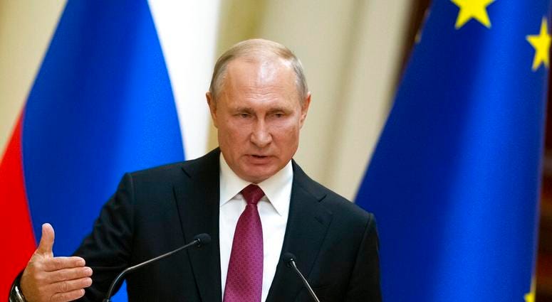 Russian President Vladimir Putin speaks during a news conference after his meeting with President of the Republic of Finland Sauli Niinisto at the President's official residence Mantyniemi in Helsinki, Finland, Wednesday, Aug. 21, 2019. Putin has warned o