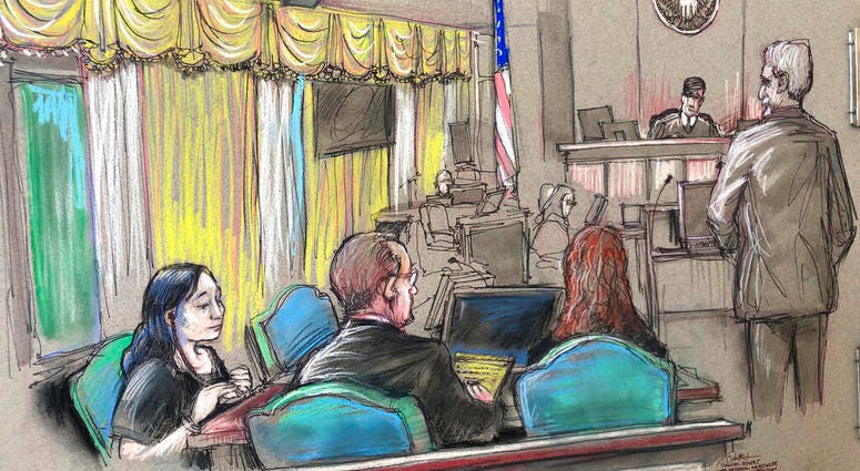 FILE - In this April 15, 2019, file court sketch, Yujing Zhang, left, a Chinese woman charged with lying to illegally enter President Donald Trump's Mar-a-Lago club, listens to a hearing before Magistrate Judge William Matthewman in West Palm Beach, Fla.