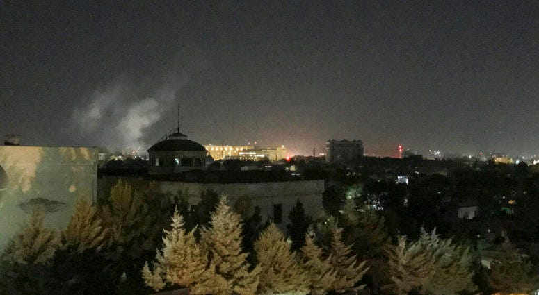 A plume of smoke rises near the U.S. Embassy in Kabul, Afghanistan on Wednesday, Sept. 11, 2019. A blast was heard shortly after midnight on the anniversary of the 9/11 attacks.