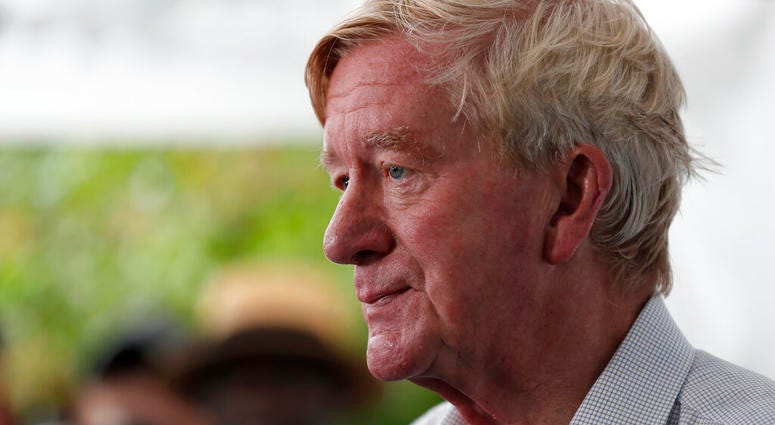 FILE - In this Aug. 11, 2019, file photo, Republican presidential candidate and former Massachusetts Gov. Bill Weld speaks to reporters during a visit to the Iowa State Fair in Des Moines, Iowa. Republican leaders in Iowa and New Hampshire are vowing to h