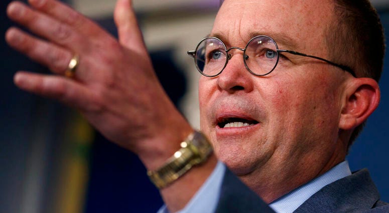 White House chief of staff Mick Mulvaney announces that the G7 will be held at Trump National Doral, Thursday, Oct. 17, 2019, in Washington. (AP Photo/Evan Vucci)