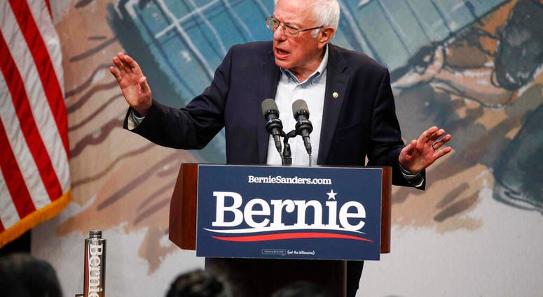 Democratic presidential candidate Sen. Bernie Sanders, I-Vt., speaks to supporters on Saturday, Nov. 9, 2019, at Drake University in Des Moines, Iowa. (Bryon Houlgrave /The Des Moines Register via AP)