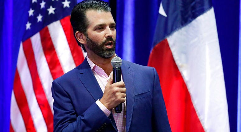 In this Oct. 15, 2019, photo, Donald Trump Jr. speaks to supporters of his father, President Donald Trump, during a panel discussion in San Antonio. (AP Photo/Eric Gay)