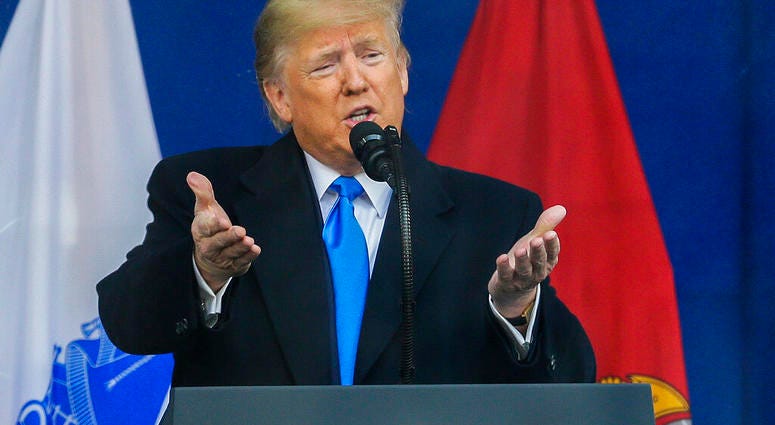 President Donald Trump speaks at New York City's 100th annual Veterans Day parade, Monday, Nov. 11, 2019, in New York. (AP Photo/Seth Wenig)