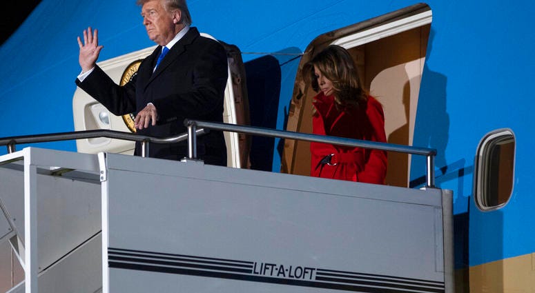 President Donald and first lady Melania Trump arrive at London Stansted Airport to attend the NATO summit, Monday, Dec. 2, 2019, in London. (AP Photo/ Evan Vucci) President Donald and first lady Melania Trump arrive at London Stansted Airport to attend the NATO summit, Monday, Dec. 2, 2019, in London. (AP Photo/ Evan Vucci)
