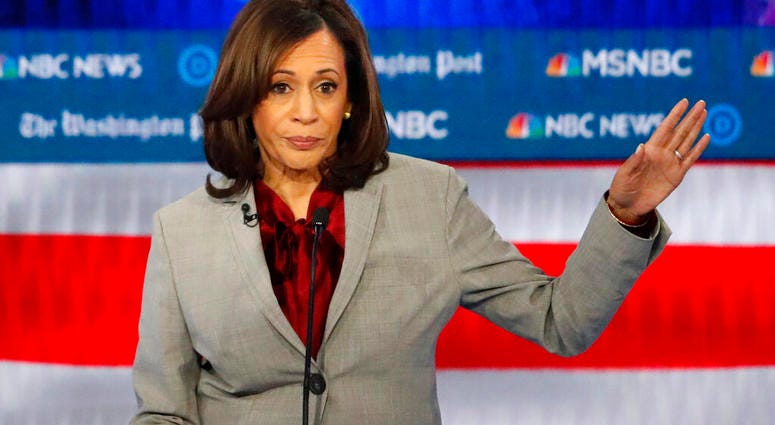 In this Nov. 20, 2019 file photo, Democratic presidential candidate Sen. Kamala Harris, D-Calif., speaks during a Democratic presidential primary debate in Atlanta. (AP Photo/John Bazemore) In this Nov. 20, 2019 file photo, Democratic presidential candidate Sen. Kamala Harris, D-Calif., speaks during a Democratic presidential primary debate in Atlanta.
