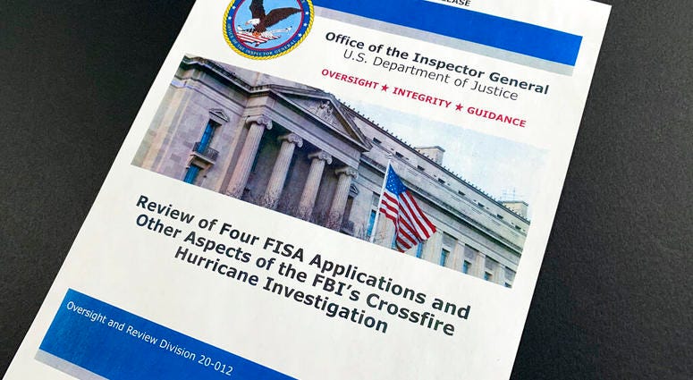 The cover page of the report issued by the Department of Justice inspector general is photographed in Washington, Monday, Dec. 9, 2019. (AP Photo/Jon Elswick) The cover page of the report issued by the Department of Justice inspector general is photographed in Washington, Monday, Dec. 9, 2019. (AP Photo/Jon Elswick)