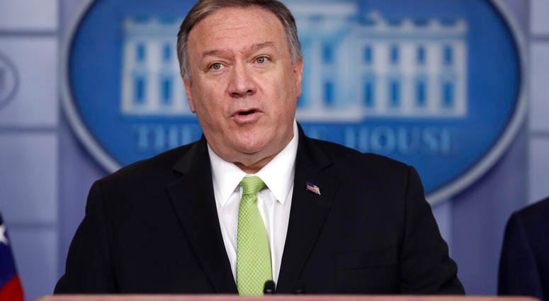 Secretary of State Mike Pompeo briefs reporters about additional sanctions placed on Iran, at the White House, Friday, Jan. 10, 2019, in Washington with and Treasury Secretary Steve Mnuchin.