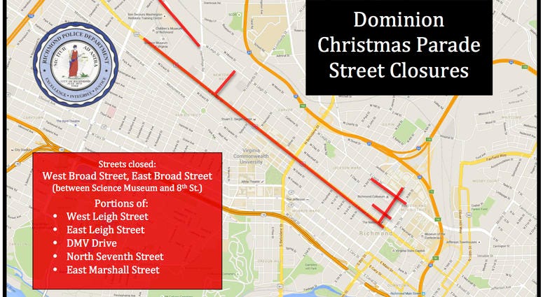 Many roads will be closed for Saturday's Dominion Energy Christmas Parade. (Map image from Richmond Police) Many roads will be closed for Saturday's Dominion Energy Christmas Parade. (Map image from Richmond Police)