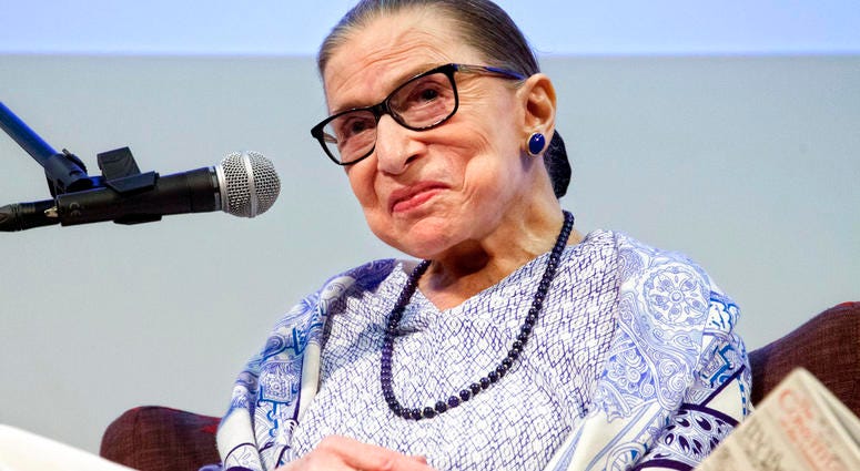 FILE - In this July 5, 2018 file photo, US Supreme Court Justice Ruth Bader Ginsburg speaks after the screening of "RBG," the documentary about her, in Jerusalem. (AP Photo/Caron Creighton, File)