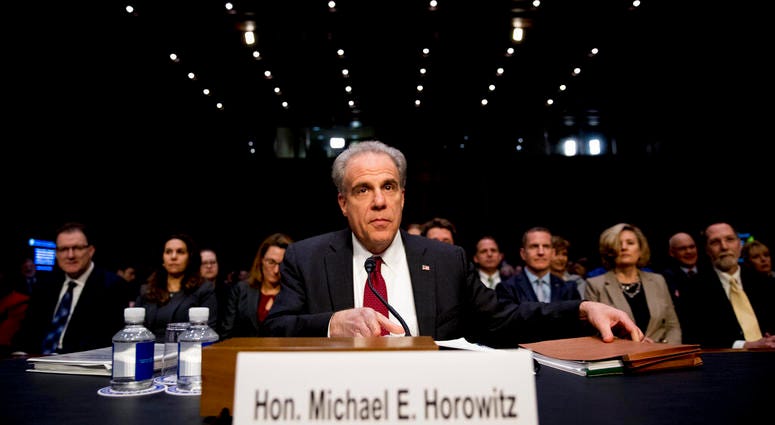 Department of Justice Inspector General Michael Horowitz arrives for a Senate Judiciary Committee hearing on the IG's report on alleged abuses of the Foreign Intelligence Surveillance Act, Dec. 11, 2019, on Capitol Hill.(AP Photo/Andrew Harnik) Department of Justice Inspector General Michael Horowitz arrives for a Senate Judiciary Committee hearing on the IG's report on alleged abuses of the Foreign Intelligence Surveillance Act, Dec. 11, 2019, on Capitol Hill.(AP Photo/Andrew Harnik)