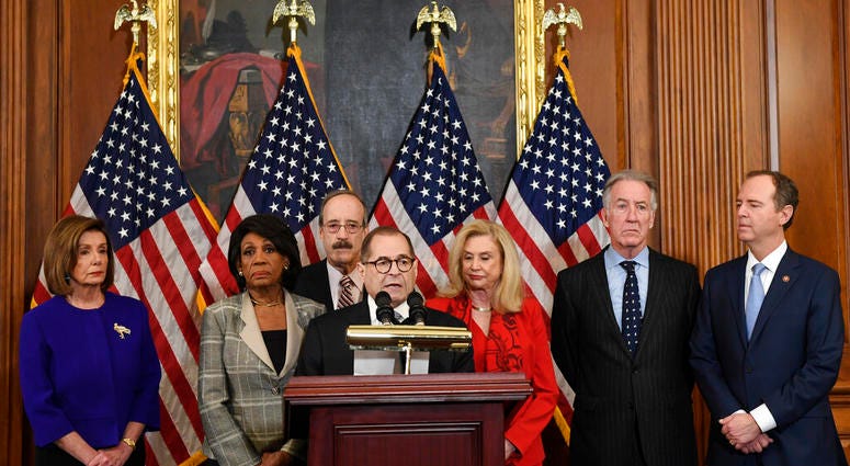 unveil articles of impeachment against President Donald Trump, during a news conference on Capitol Hill in Washington, Tuesday, Dec. 10, 2019.(AP Photo/Susan Walsh) unveil articles of impeachment against President Donald Trump, during a news conference on Capitol Hill in Washington, Tuesday, Dec. 10, 2019.(AP Photo/Susan Walsh)