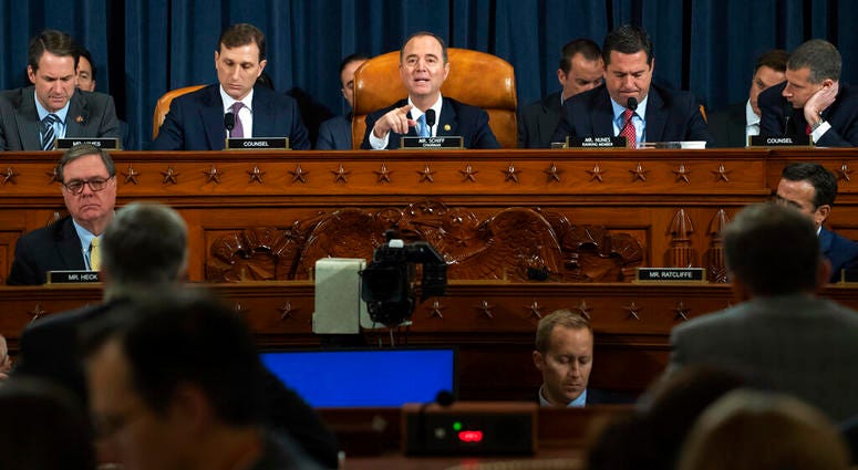House Judiciary Committee Chairman Rep. Jerrold Nadler, D-N.Y., center, with members of the committee, during a hearing on the constitutional grounds for the impeachment of Donald Trump. (Drew Angerer/Pool photo via AP) House Judiciary Committee Chairman Rep. Jerrold Nadler, D-N.Y., center, with members of the committee, speaking during a hearing before the House Judiciary Committee on the constitutional grounds for the impeachment of President Donald Trump.