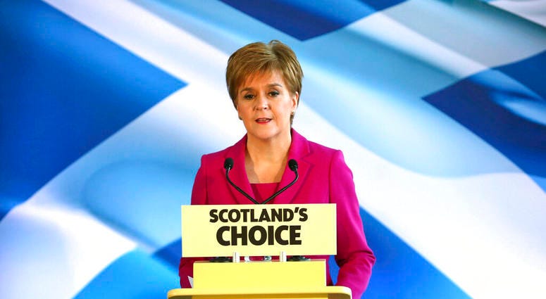 Scottish First Minister Nicola Sturgeon speaks to supporters in Edinburgh, Scotland, Dec. 13, 2019. Prime Minister Boris Johnson has led his Conservative Party to a landslide victory in Britain’s election dominated by Brexit. (Jane Barlow/PA via AP) Scottish First Minister Nicola Sturgeon speaks to supporters in Edinburgh, Scotland, Dec. 13, 2019. Prime Minister Boris Johnson has led his Conservative Party to a landslide victory in Britain’s election dominated by Brexit. (Jane Barlow/PA via AP)