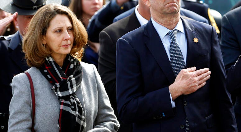 FILE - Feb. 9, 2019 file photo of Virginia Gov. Ralph Northam, right, and his wife Pam. (AP Photo/Steve Helber, Pool, File)