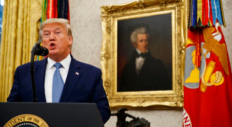President Donald Trump speaks during a ceremony to present the Presidential Medal of Freedom to former Attorney General Edwin Meese, in the Oval Office of the White House, Tuesday, Oct. 8, 2019, in Washington. (AP Photo/Alex Brandon)