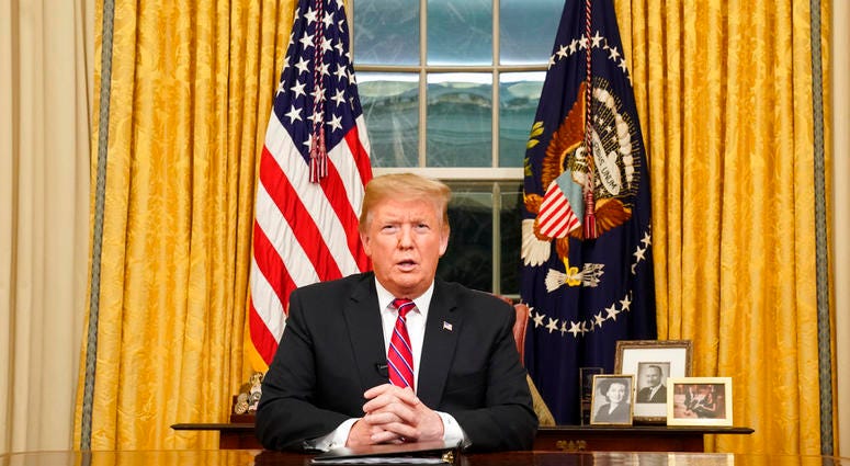 President Donald Trump speaks from the Oval Office of the White House as he gives a prime-time address about border security Tuesday, Jan. 8, 2018, in Washington. (Carlos Barria/Pool Photo via AP)