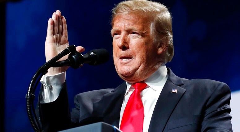President Donald Trump speaks at the American Farm Bureau Federation's 100th Annual Convention, Monday Jan. 14, 2019, in New Orleans. (AP Photo/Jacquelyn Martin)