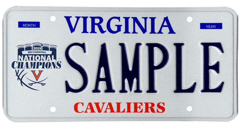 A mockup of the new limited edition UVA national champs license plate