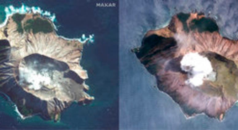 In this combo made from two satellite images taken May 12, 2019, left, and Dec. 11, 2019, right, by Maxar Technologies steam rises from the volcano on White Island off the coast of Whakatane, New Zealand. (Satellite image ©2019 Maxar Technologies via AP) In this combo made from two satellite images taken May 12, 2019, left, and Dec. 11, 2019, right, by Maxar Technologies steam rises from the volcano on White Island off the coast of Whakatane, New Zealand. (Satellite image ©2019 Maxar Technologies via AP)