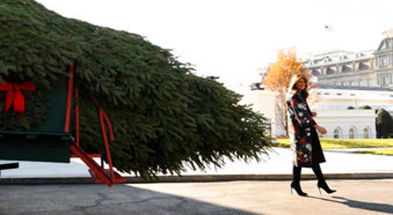 First lady Melania Trump looks over the 2019 White House Christmas tree as it is delivered to the White House in Washington, Monday, Nov. 25, 2019. (AP Photo/Susan Walsh) First lady Melania Trump looks over the 2019 White House Christmas tree as it is delivered to the White House in Washington, Monday, Nov. 25, 2019. (AP Photo/Susan Walsh)
