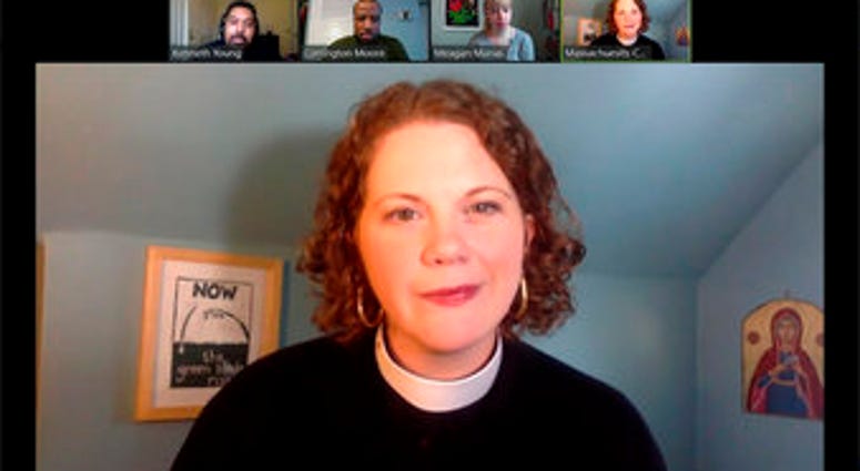 In this April 2, 2020, frame from a Zoom video, the Rev. Laura Everett in Boston delivers a sermon for Boston’s First Baptist Church. (The Rev. Laura E. Everett via AP) In this April 2, 2020, frame from a Zoom video, the Rev. Laura Everett in Boston delivers a sermon for Boston’s First Baptist Church. (The Rev. Laura E. Everett via AP)