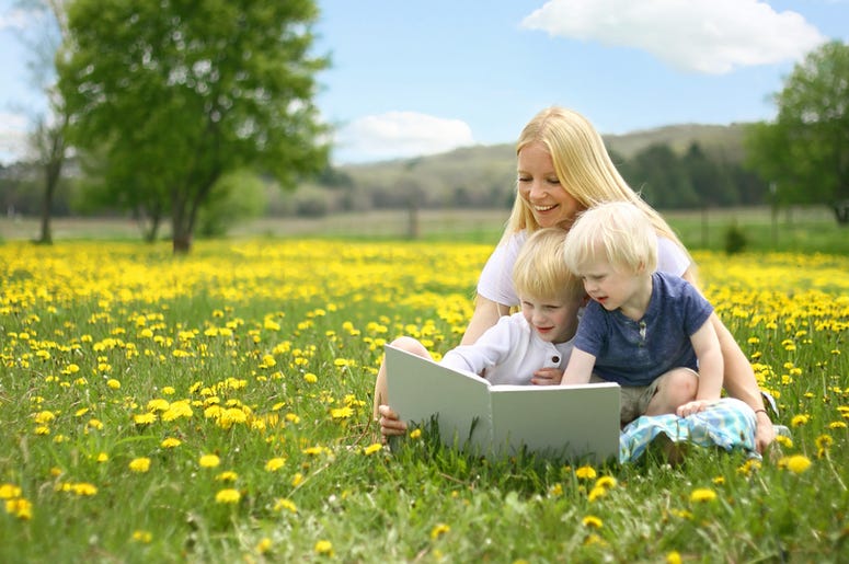 Mother Reading Story Book to Two Young Children Outside in Meadow Mother Reading Story Book to Two Young Children Outside in Meadow