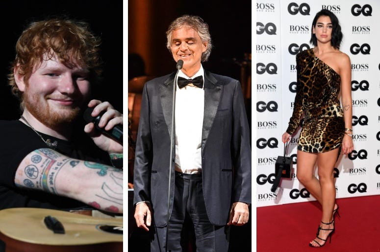 Ed Sheeran, Andrea Bocelli, Dua Lipa Ed Sheeran, Andrea Bocelli, Dua Lipa