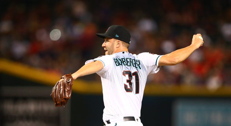 Aug 21, 2018; Phoenix, AZ, USA; Arizona Diamondbacks pitcher Brad Boxberger against the Los Angeles Angels at Chase Field. Mandatory Credit: Mark J. Rebilas-USA TODAY Sports