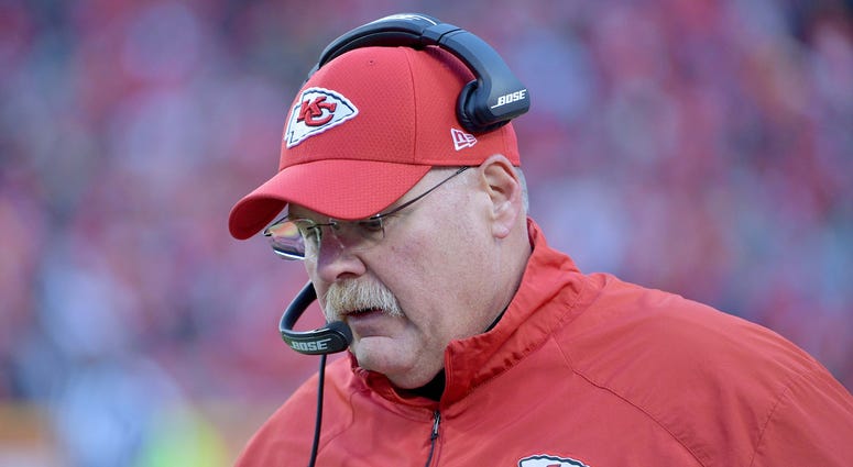 Dec 30, 2018; Kansas City, MO, USA; Kansas City Chiefs head coach Andy Reid walks on the sidelines during the first half against the Oakland Raiders at Arrowhead Stadium. Mandatory Credit: Denny Medley-USA TODAY Sports