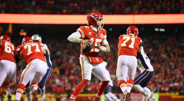 Jan 20, 2019; Kansas City, MO, USA; Kansas City Chiefs quarterback Patrick Mahomes (15) looks to pass during the second half of the AFC Championship game against the New England Patriots at Arrowhead Stadium. Mandatory Credit: Mark Rebilas-USA TODAY Sport