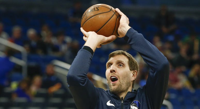 Mar 8, 2019; Orlando, FL, USA;Dallas Mavericks forward Dirk Nowitzki (41) shoots warmup shots before the game against the Orlando Magic at Amway Center. Mandatory Credit: Reinhold Matay-USA TODAY Sports