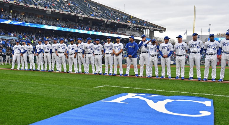 Mar 28, 2019; Kansas City, MO, USA; the Kansas City Royals line the first base line during introductions before the game against the Chicago White Sox at Kauffman Stadium. Mandatory Credit: Peter G. Aiken/USA TODAY Sports