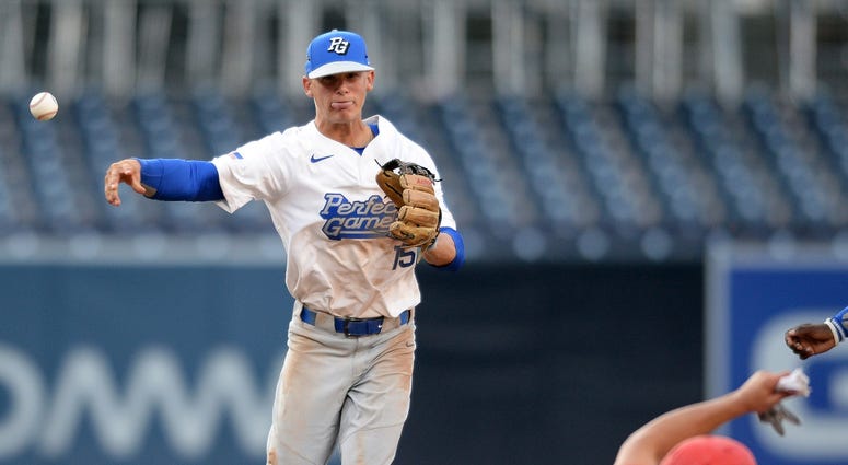 Aug 12, 2018; San Diego, CA, U.S.A; West team shortstop Bobby Witt Jr (15) throws during the fourth inning of the 2018 Perfect Game All-American Classic baseball game at Petco Park. Mandatory Credit: Orlando Ramirez-USA TODAY Sports