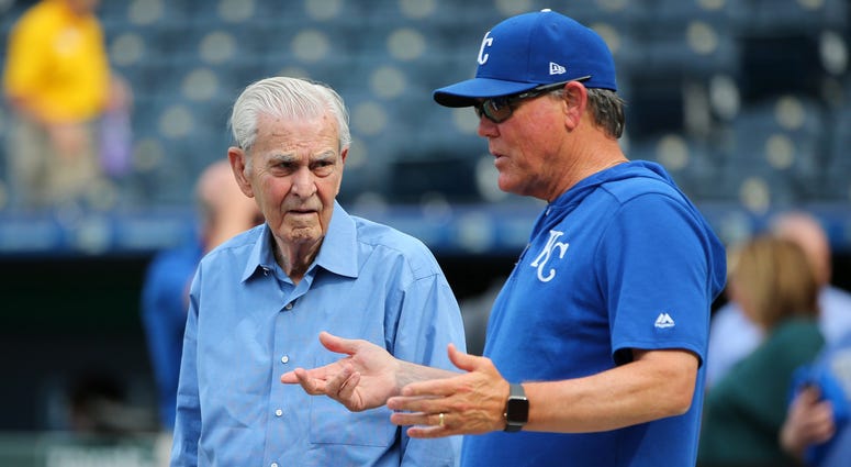 Jun 11, 2019; Kansas City, MO, USA; Kansas City Royals owner David Glass talks with manager Ned Yost (3) before the game against the Detroit Tigers at Kauffman Stadium. Mandatory Credit: Jay Biggerstaff-USA TODAY Sports David Glass