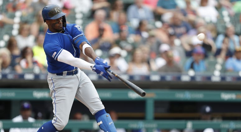 Aug 11, 2019; Detroit, MI, USA; Kansas City Royals designated hitter Jorge Soler (12) hits a solo home run during the eighth inning against the Detroit Tigers at Comerica Park. Mandatory Credit: Raj Mehta-USA TODAY Sports