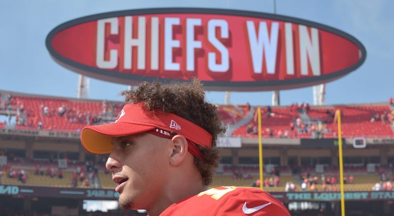 Sep 22, 2019; Kansas City, MO, USA; Kansas City Chiefs quarterback Patrick Mahomes (15) talks with reporters after the game against the Baltimore Ravens at Arrowhead Stadium. Mandatory Credit: Denny Medley-USA TODAY Sports