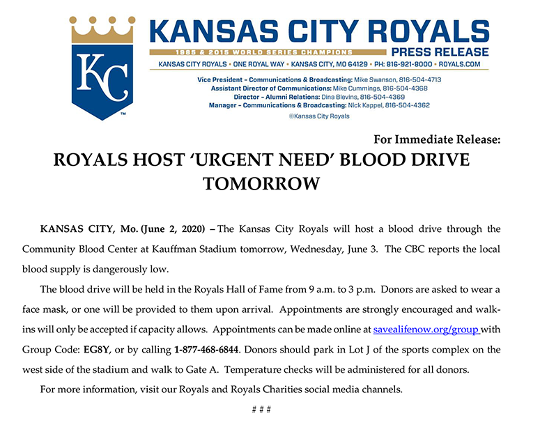 Royals Blood Drive Press Release