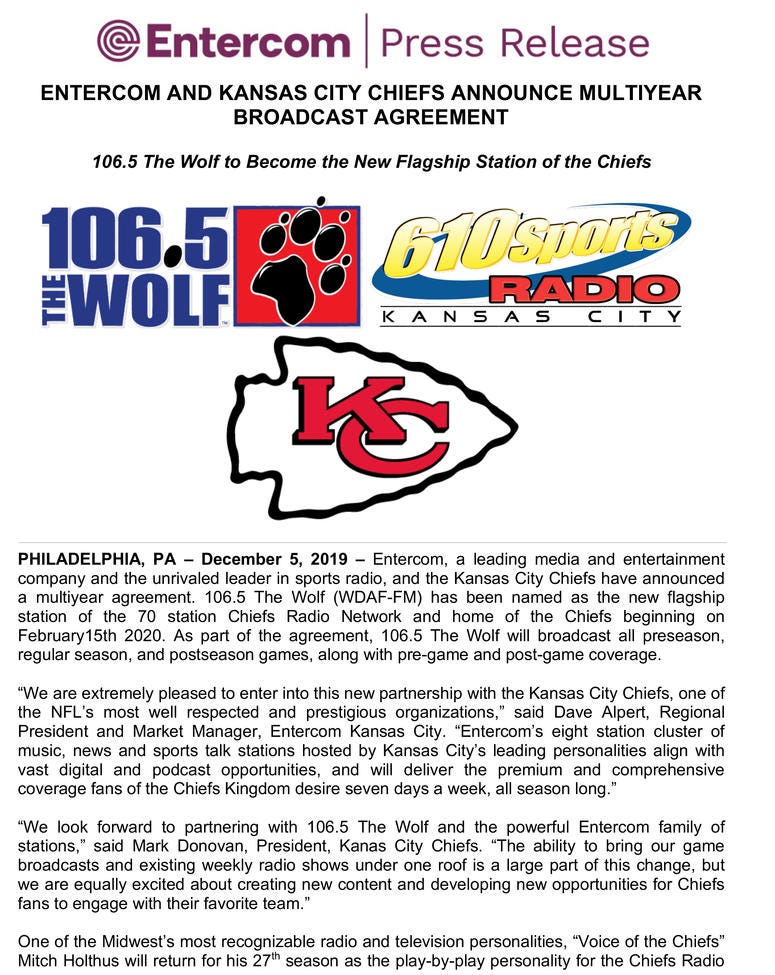 ENTERCOM AND KANSAS CITY CHIEFS AGREE TO MULTIYEAR CONTRACT