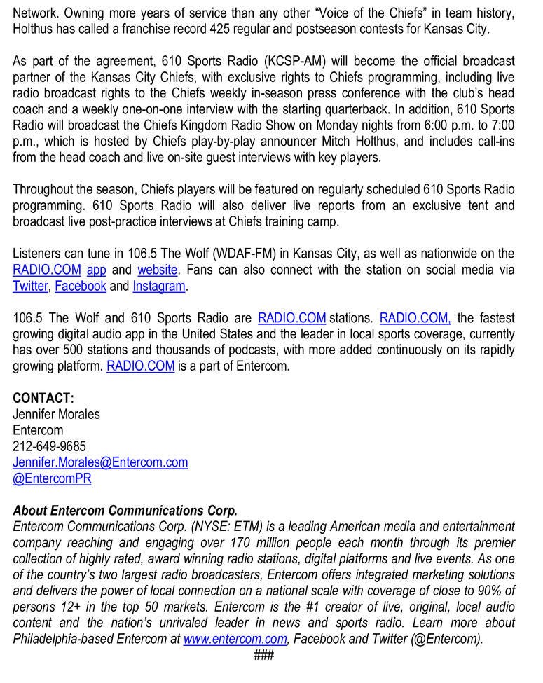 ENTERCOM AND KANSAS CITY CHIEFS AGREE TO MULTIYEAR CONTRACT