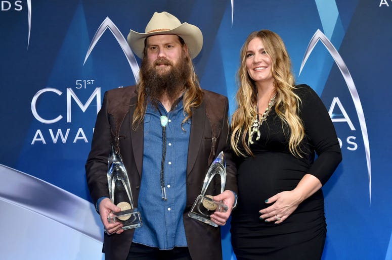 Chris Stapleton and Morgane Stapleton pose in the press room at the 51st annual CMA Awards at the Bridgestone Arena on November 8, 2017 in Nashville, Tennessee Chris Stapleton and Morgane Stapleton pose in the press room at the 51st annual CMA Awards at the Bridgestone Arena on November 8, 2017 in Nashville, Tennessee