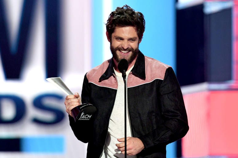 Thomas Rhett accepts the Male Artist of the Year award onstage during the 54th Academy Of Country Music Awards at MGM Grand Garden Arena on April 07, 2019 in Las Vegas, Nevada Thomas Rhett accepts the Male Artist of the Year award onstage during the 54th Academy Of Country Music Awards at MGM Grand Garden Arena on April 07, 2019 in Las Vegas, Nevada