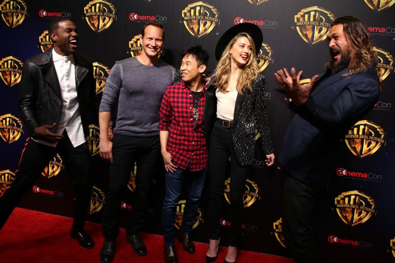 Aquaman Cast Actors Yahya Abdul-Mateen II, Patrick Wilson, director James Wan, actors Amber Heard and Jason Momoa attend attend CinemaCon 2018 Warner Bros on Tuesday, April 24, 2018, in Las Vegas, Nevada.