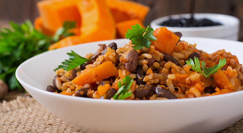 Vegan, Vegetable Pilaf With Haricot Beans And Pumpkin. Dinner, Homemade Vegan, Vegetable Pilaf With Haricot Beans And Pumpkin. Dinner, Homemade (Photo credit: Olena Danileiko)