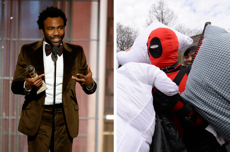 Donald Glover (aka Childish Gambino) wins best actor award at 74th Golden Globes / A man dressed as the comic character "Deadpool" is pummeled during the 7th Annual International Pillow Fight Day Donald Glover wins best actor in a television series - musical or comedy during the 74th Golden Globe Awards / A man dressed as the comic character "Deadpool" is pummeled during the 7th Annual International Pillow Fight Day