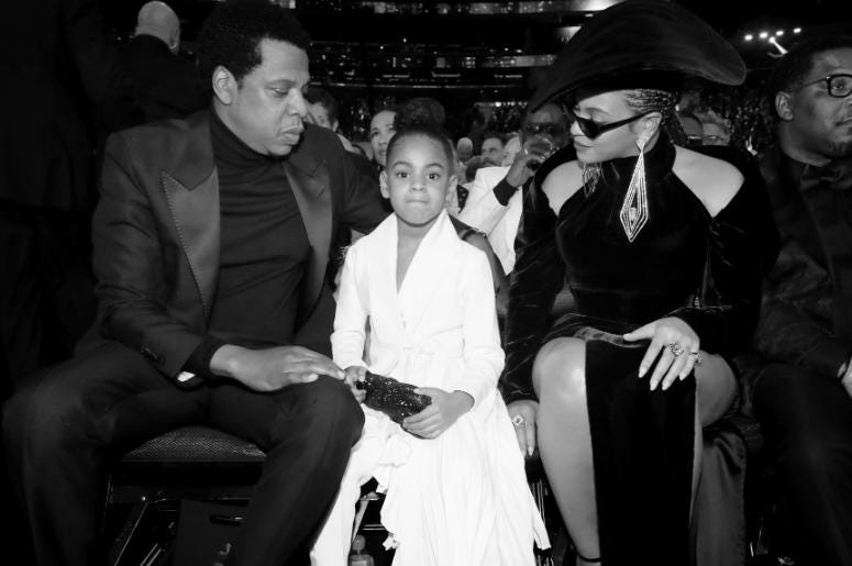 Jay-Z, Blue Ivy Carter and recording artist Beyonce attend the 60th Annual GRAMMY Awards at Madison Square Garden on January 28, 2018 in New York City. Jay-Z, Blue Ivy Carter and recording artist Beyonce attend the 60th Annual GRAMMY Awards at Madison Square Garden on January 28, 2018 in New York City.