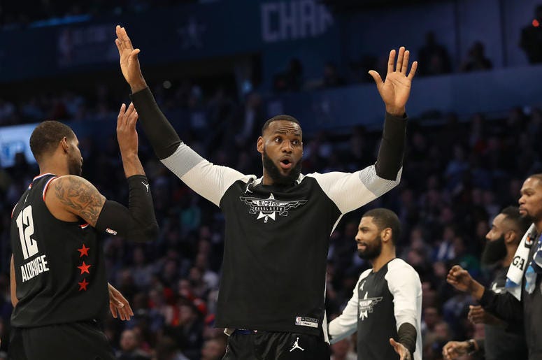LeBron James #23 of the LA Lakers and Team LeBron reacts as they take on Team Giannis in the fourth quarter during the NBA All-Star game as part of the 2019 NBA All-Star Weekend at Spectrum Center on February 17, 2019 in Charlotte, North Carolina LeBron James #23 of the LA Lakers and Team LeBron reacts as they take on Team Giannis in the fourth quarter during the NBA All-Star game as part of the 2019 NBA All-Star Weekend at Spectrum Center on February 17, 2019 in Charlotte, North Carolina
